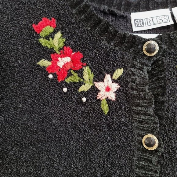 Vintage Russ Women's Button Front Sweater Cardigan Floral Pearls Black Size Lg - Picture 5 of 14